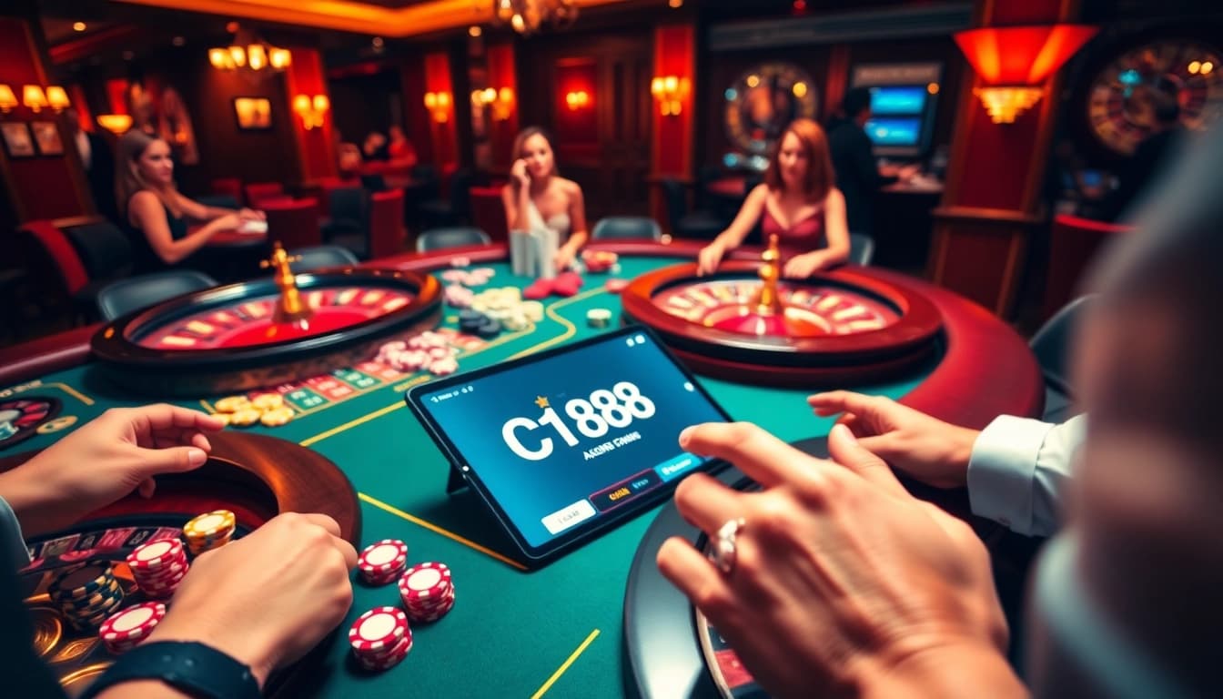 C168 players enjoying poker and roulette in a vibrant casino atmosphere.