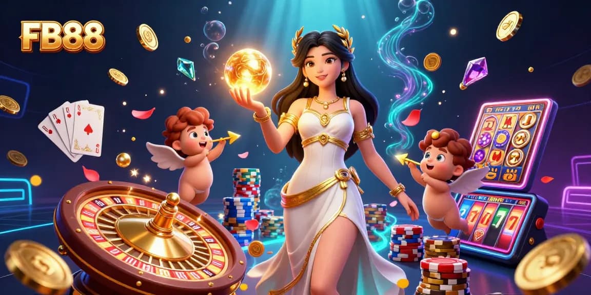 Experience the thrill of FB88 with a stunning casino scene featuring a radiant goddess and captivating gaming elements.