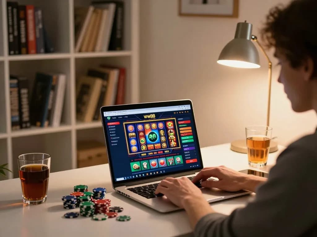 Engaging in online gaming at ww88 with a laptop displaying various casino games in a cozy home office setup