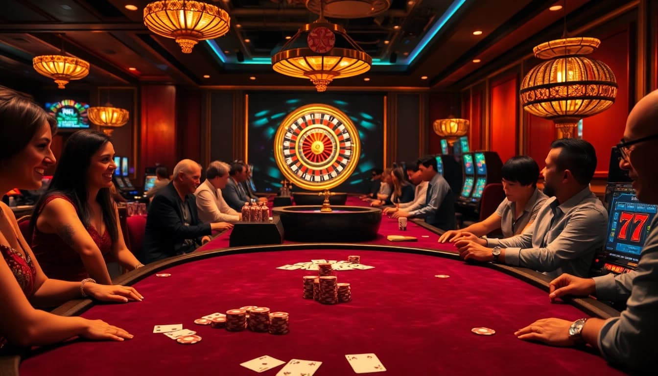 Okfun casino scene with engaged players, luxurious tables, and thrilling roulette action.