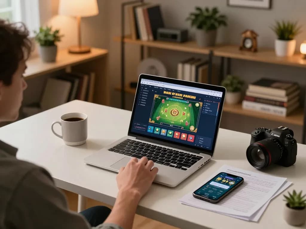 Person enjoying game bài đổi thưởng on laptop in a cozy home office setting.