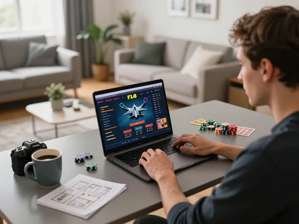 Person strategizing their bets on F168 online casino while enjoying a comfortable home gaming setup