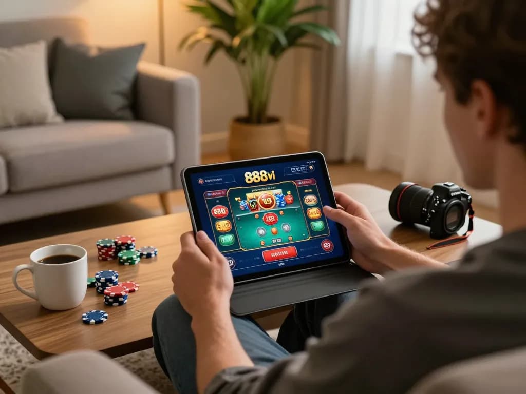 Engaged player utilizing the 888vi mobile app for strategic casino gaming experience at home.