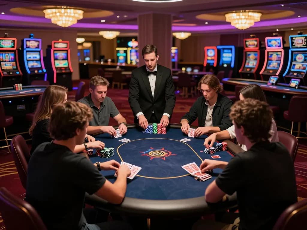 Engaging poker game scene at FC88 casino with players focused on their strategies and stacks of chips.