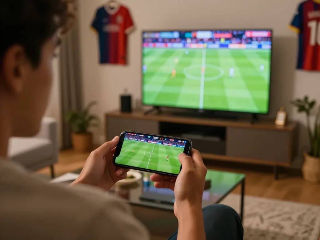 Socolive sports betting on smartphone while watching live soccer, dynamic home setting with excitement.