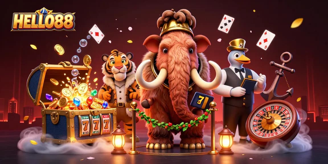 Exciting scene at HELLO88 casino with a woolly mammoth checking IDs, showcasing vibrant gaming elements.