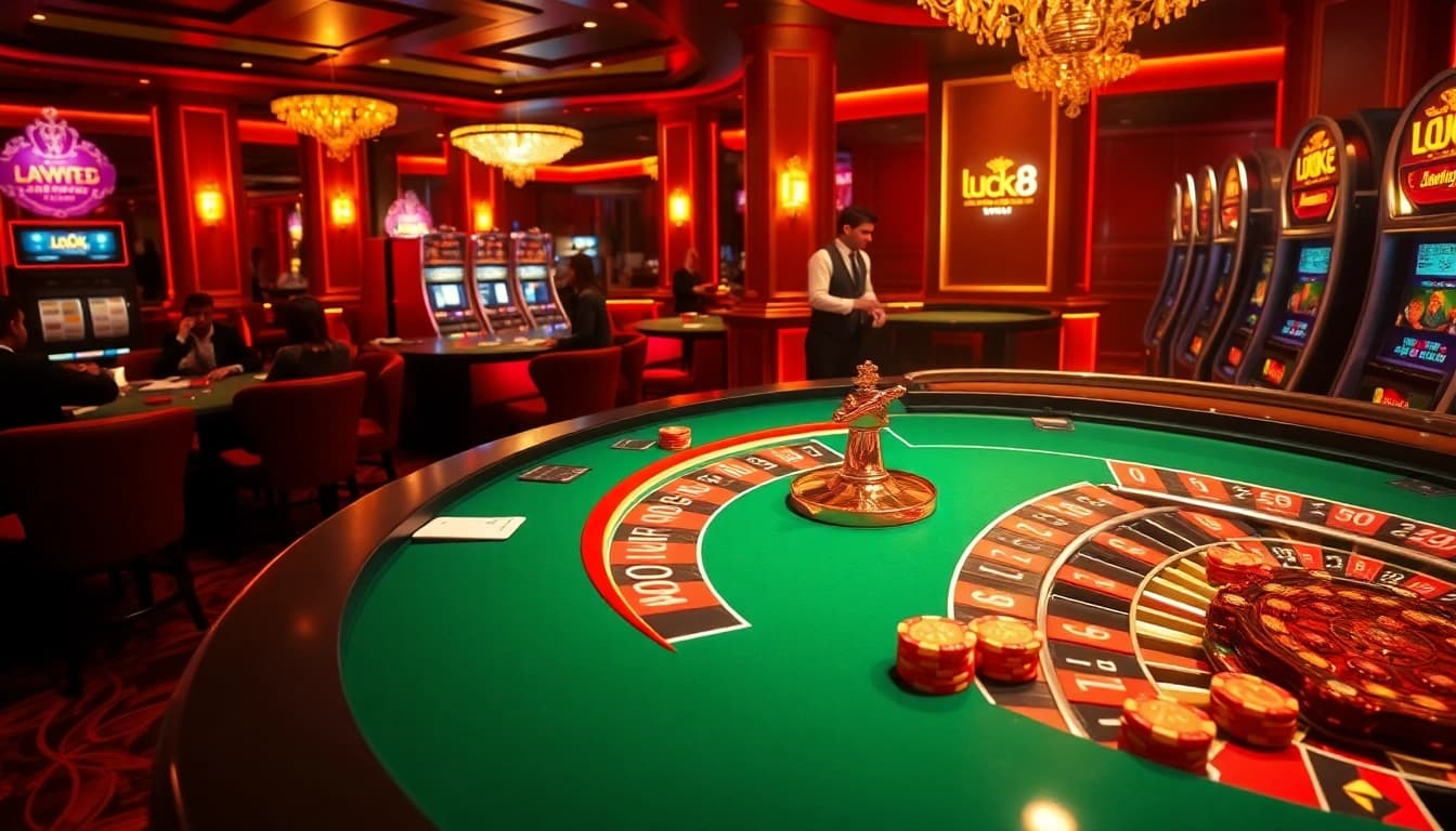 Experience the excitement of luck8 at a glamorous casino, featuring roulette, poker chips, and engaged players.