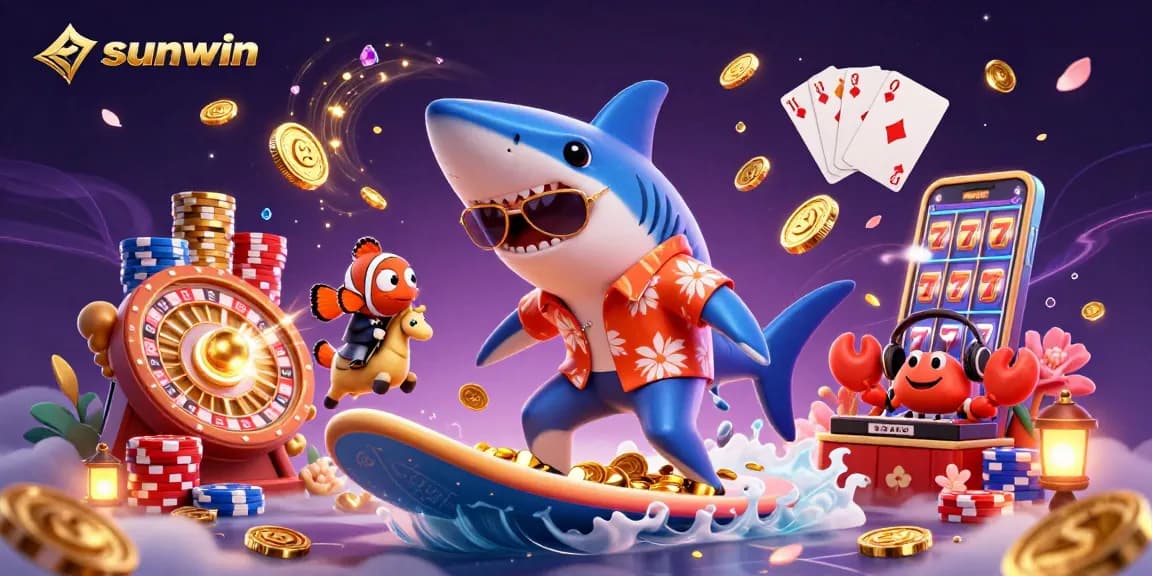 Experience the thrill of sunwin with a playful casino scene featuring lively characters in a dynamic 3D illustration.