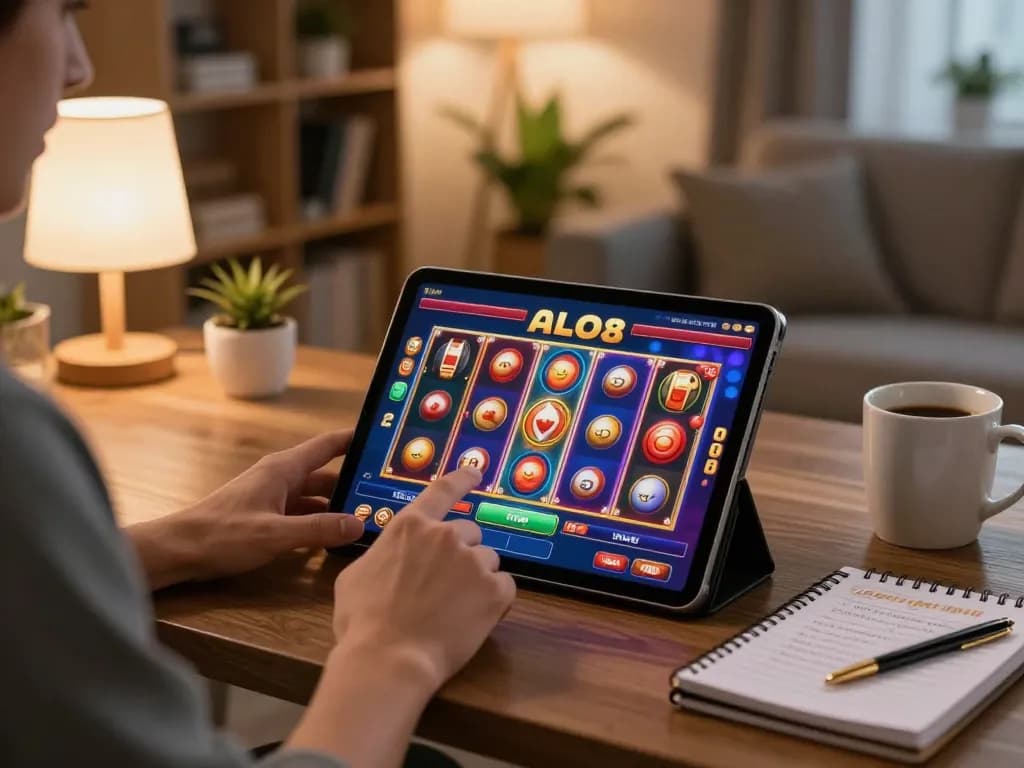A player enjoying ALO8 on a tablet in a cozy home setting, highlighting an engaging online gaming experience.