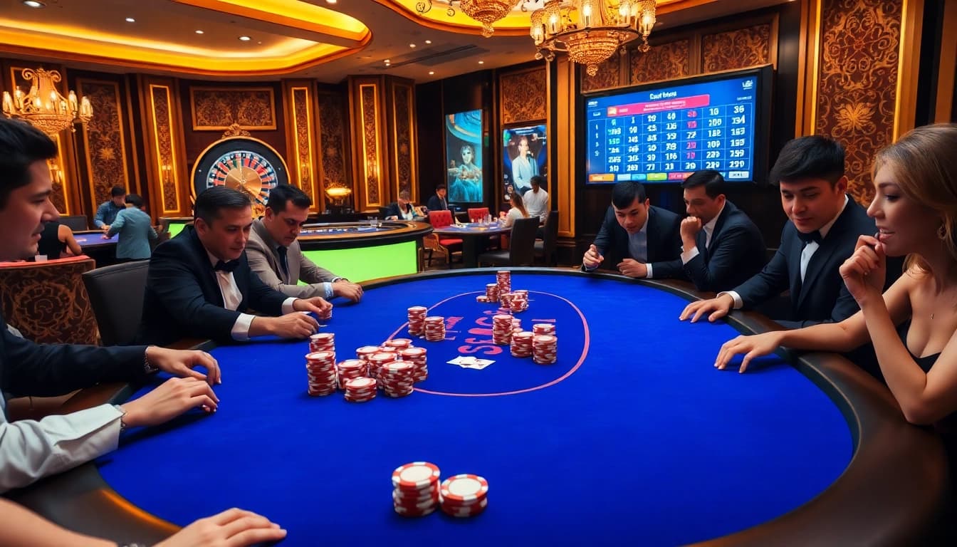 Players strategizing bets at a luxurious poker table at https://98win9.bid/ surrounded by vibrant casino decor.