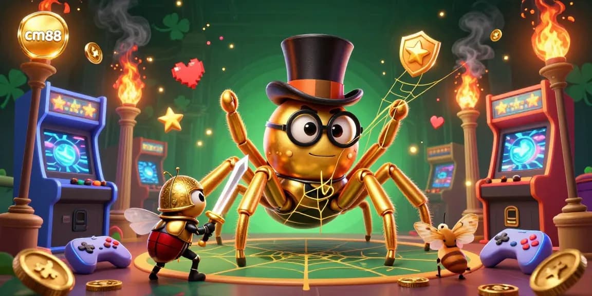 Engage with cm88's thrilling casino atmosphere featuring a golden tarantula and arcade games.