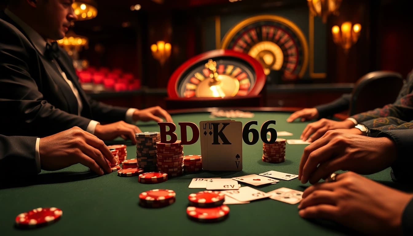 Engaging poker players at a high-stakes table featuring BDTK66 poker chips and vibrant cards.