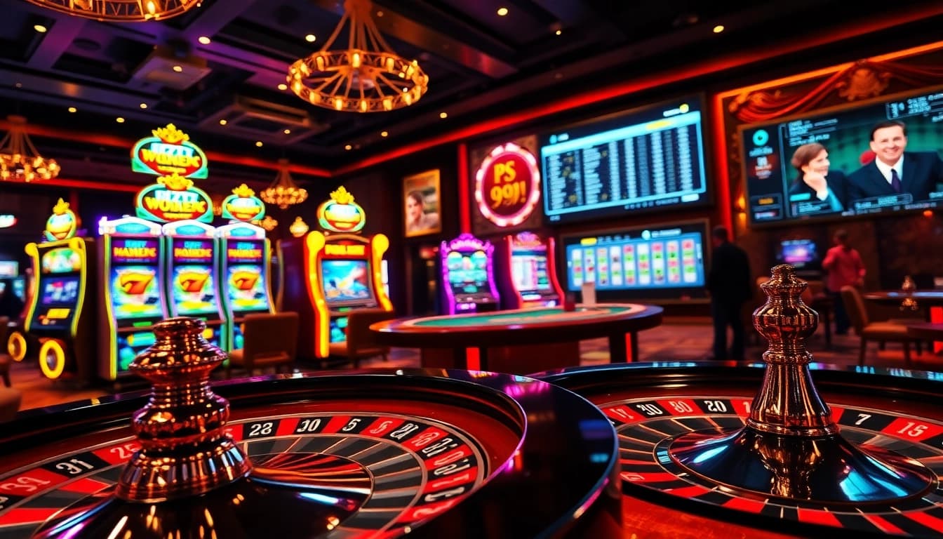 Players enjoy thrilling games at PS 99 casino, showcasing luxurious slot machines and poker tables.