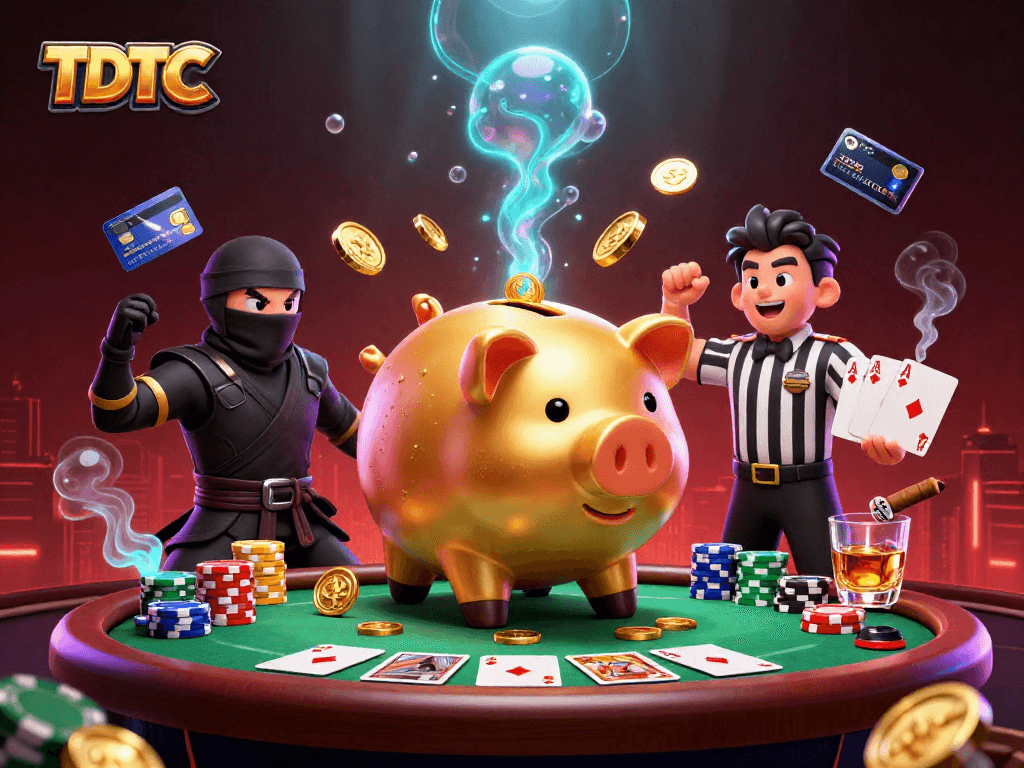 Engage with TDTC in this vibrant casino-themed illustration featuring dynamic character actions and game elements.