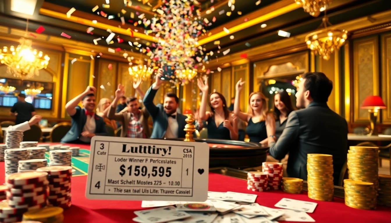 Celebration scene of an explosion of a prize-winning lottery inside a luxurious casino.