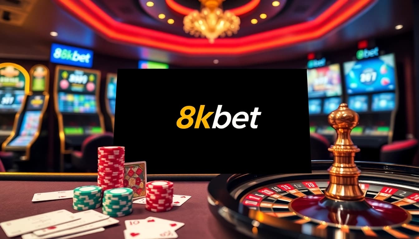 Experience high-stakes gambling at 8kbet with vibrant poker chips and roulette wheels.