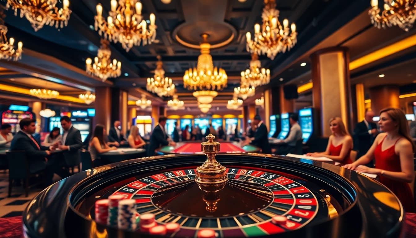 Engaging casino scene with roulette and players focused on RR88 gaming excitement.