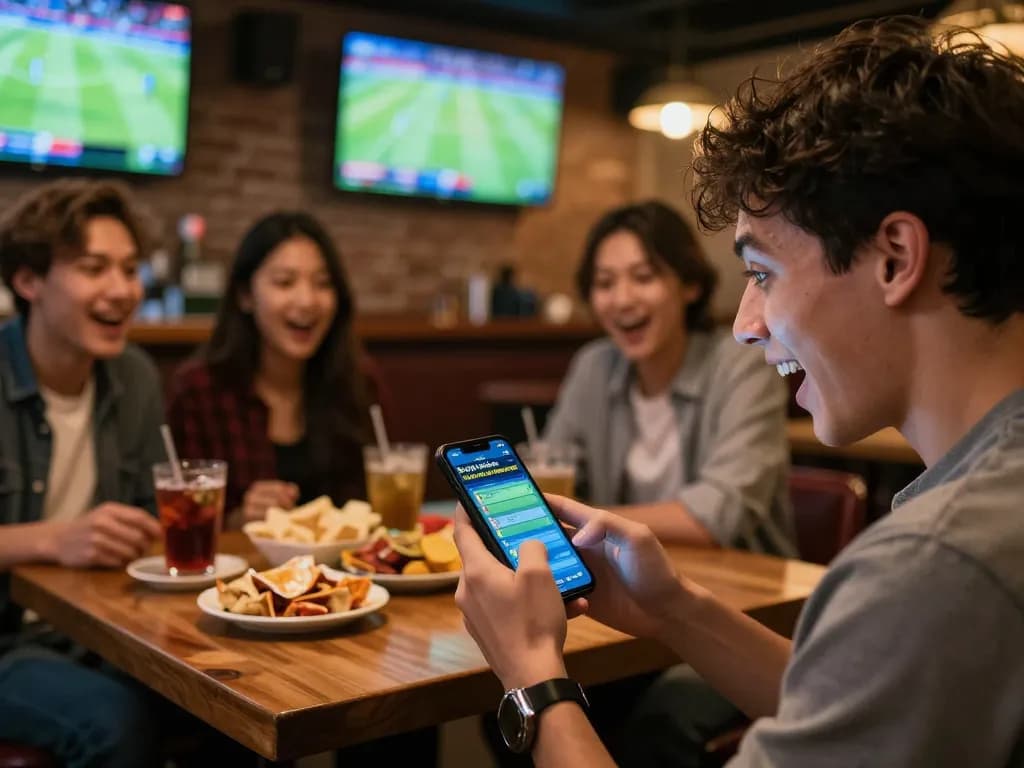 Tỷ lệ kèo nhà cái hôm nay shown on smartphone during an exciting sports betting moment in a lively sports bar.