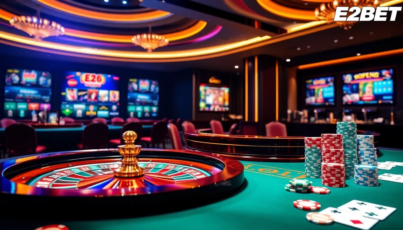 E2BET betting experience with vibrant roulette and poker scenes showcasing high-quality gaming.