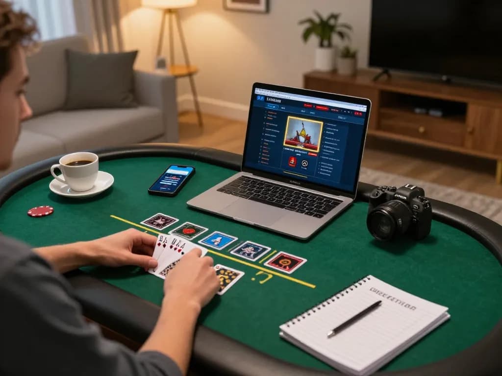 Player engaged in online blackjack at home, strategizing bankroll management with GO99.
