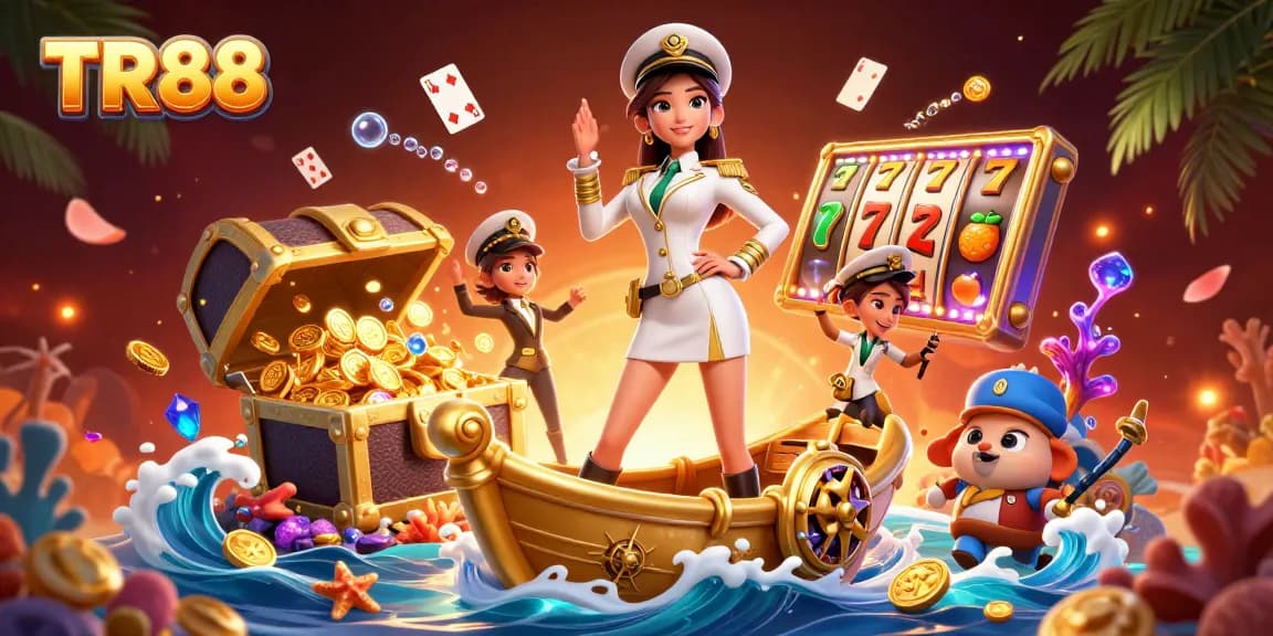 Experience the excitement of TR88 casino, featuring vibrant slot reels and gold treasures in a captivating 3D scene.