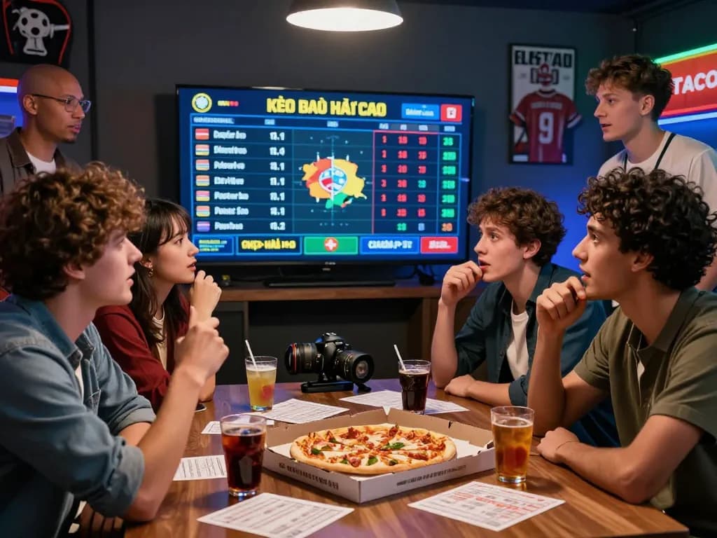 Friends excitedly discussing kèo nhà cái odds while enjoying pizza and drinks, creating a lively sports betting atmosphere.