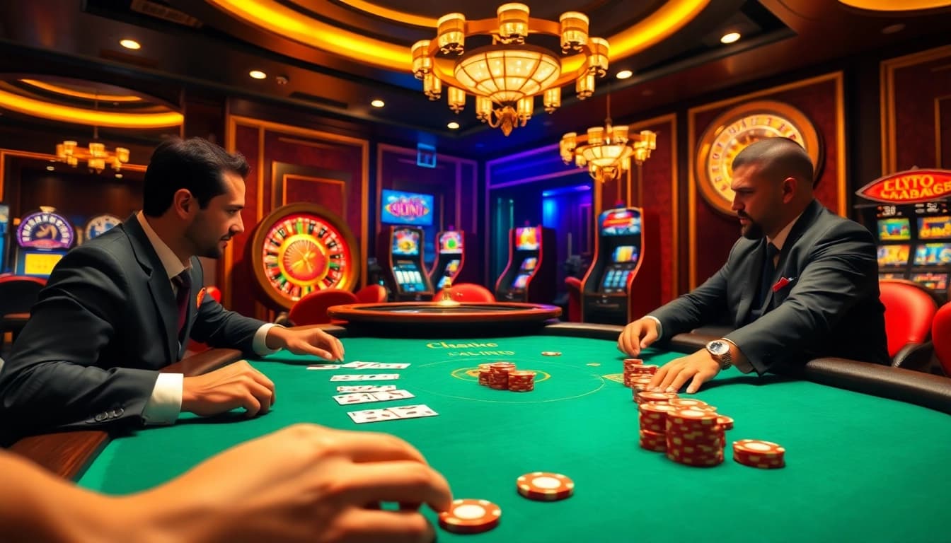 Experience the thrill of gambling at trang chủ 33win with a luxurious poker table scene featuring engaged players.