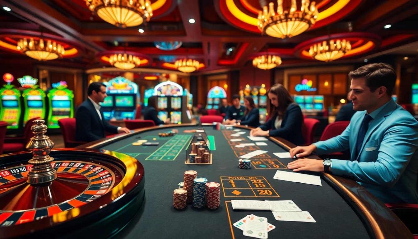 Players enjoying exciting games at the Fun88 casino with vibrant slot machines and poker tables.