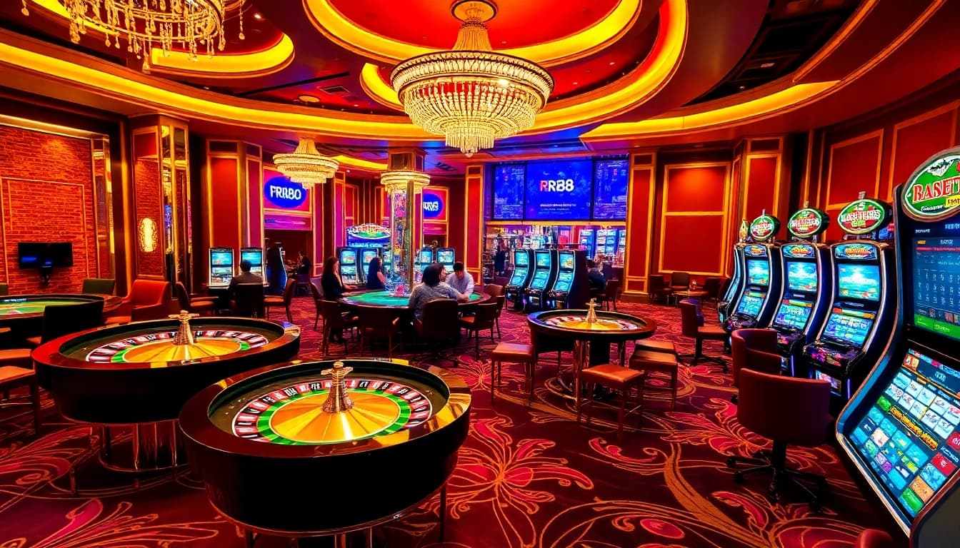 Experience RR88's luxurious casino atmosphere with engaging gaming tables and vibrant slot machines.