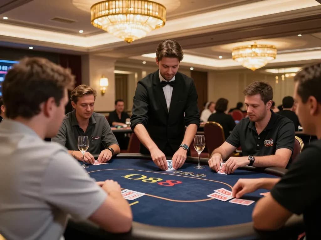 O8 players strategizing their poker moves in an elegant high-roller casino atmosphere.
