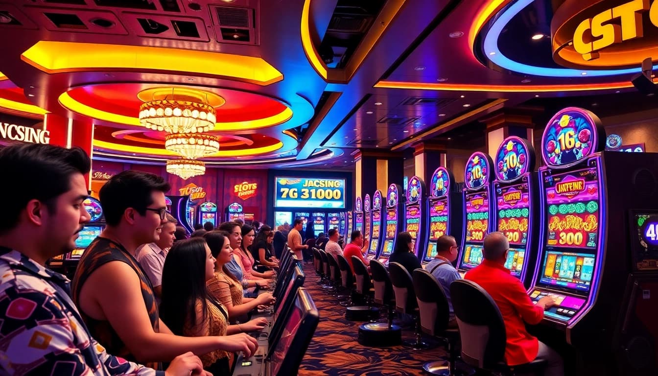 Players enjoying PG Slots 99WIN at a vibrant casino with colorful slot machines and stylish decor.