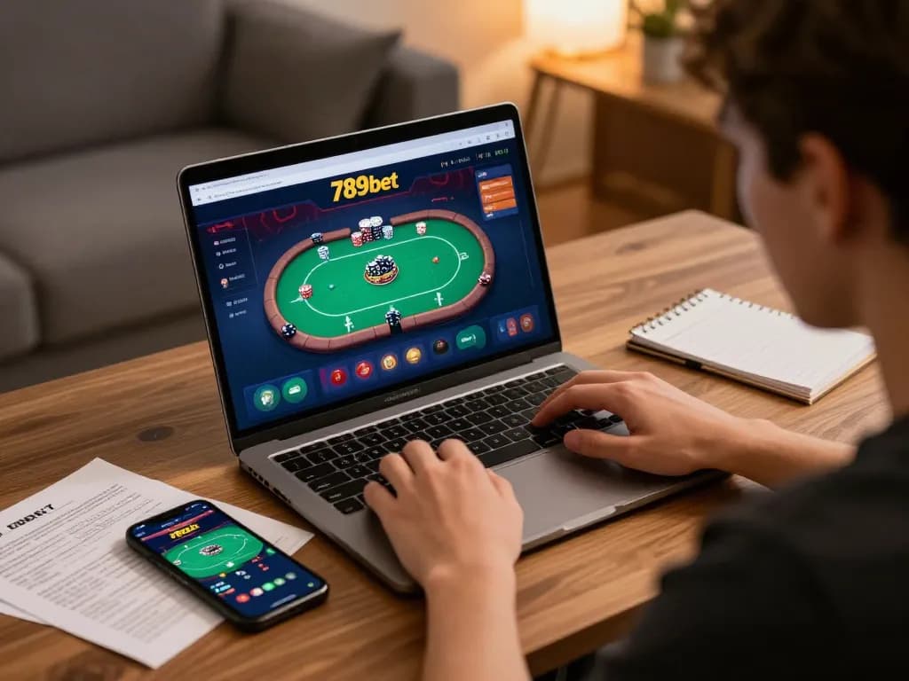 Engaged player using 789bet for online poker in a cozy home setup.