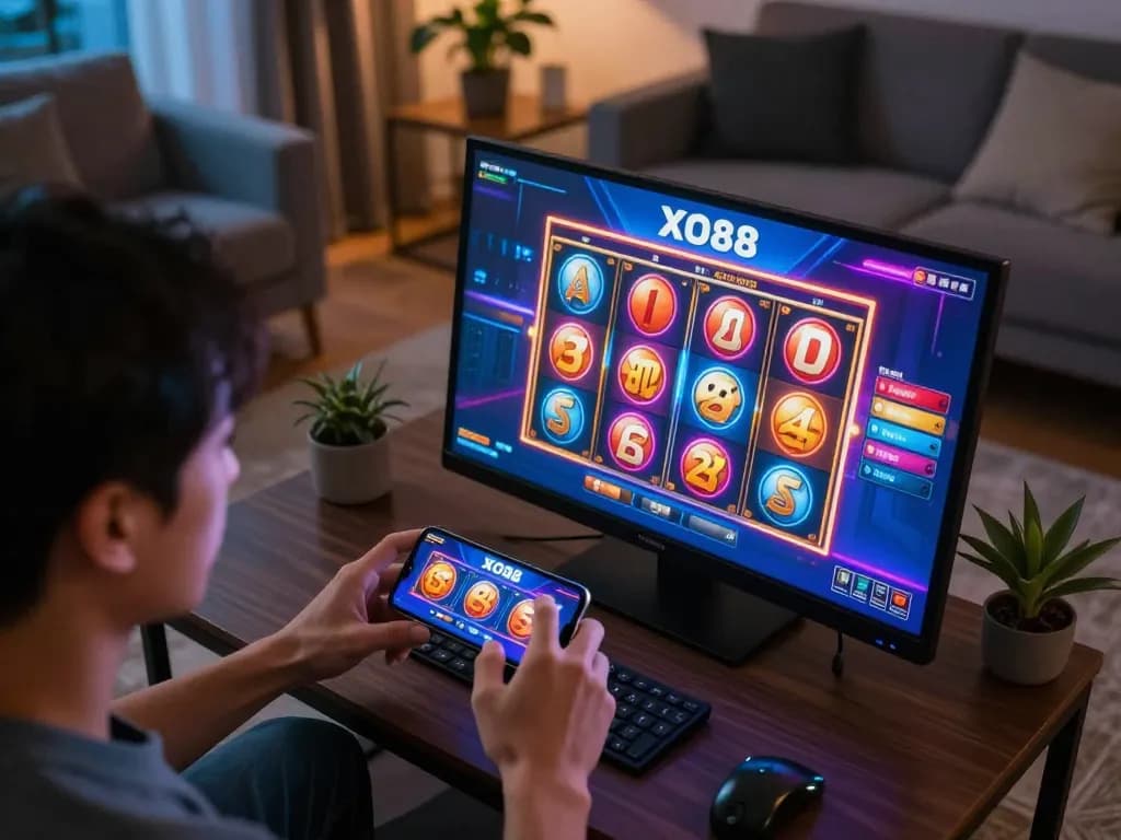 Engaging in mobile gaming at XO88 while enjoying cozy home environment.