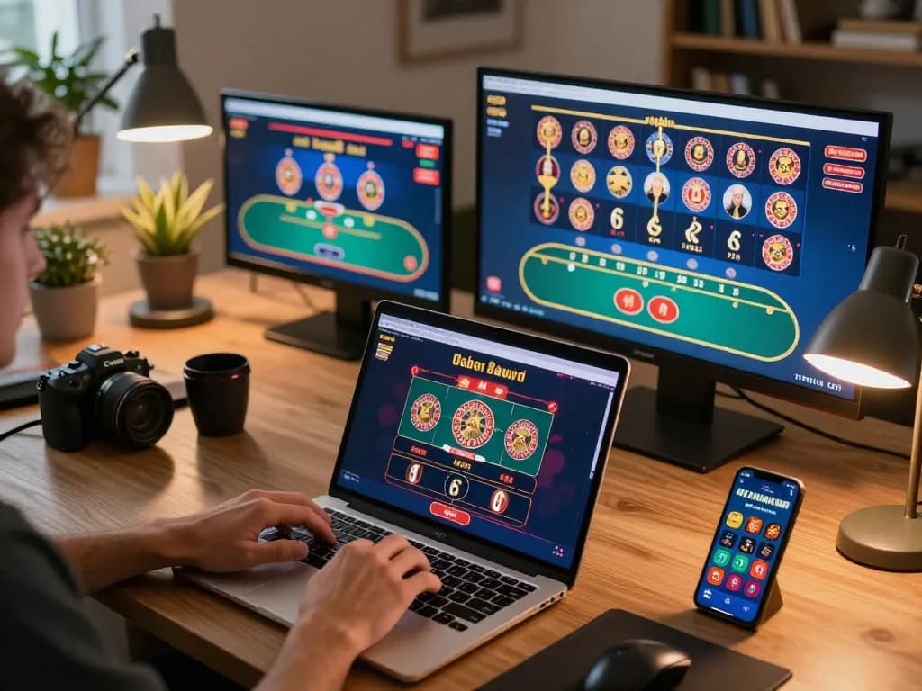 Engaged player strategizing for giải mã số học while using multiple devices in an online casino setup.