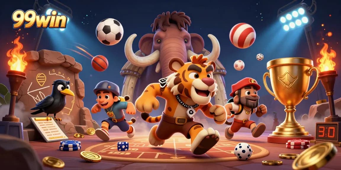Experience the thrill of 99win in a lively prehistoric casino scene with dynamic elements.