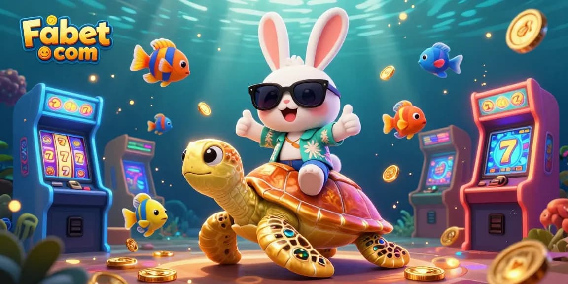 Experience thrilling jackpots at Fabet com with a playful rabbit and golden sea turtle in this vibrant casino scene.