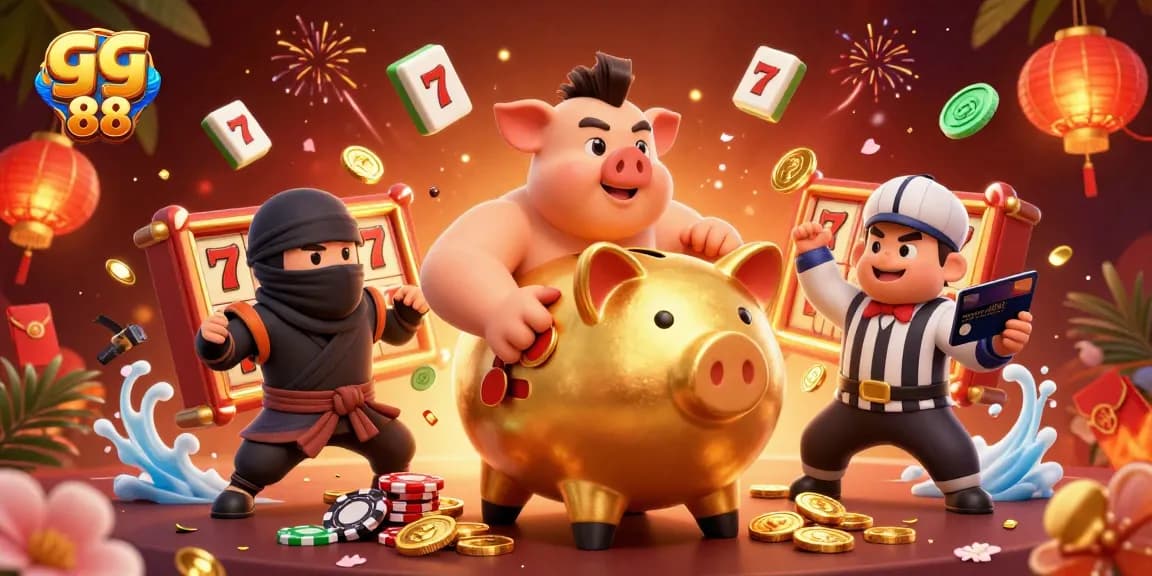 Experience the excitement of gg 88 with a lively illustration of gaming characters amid vibrant casino elements.