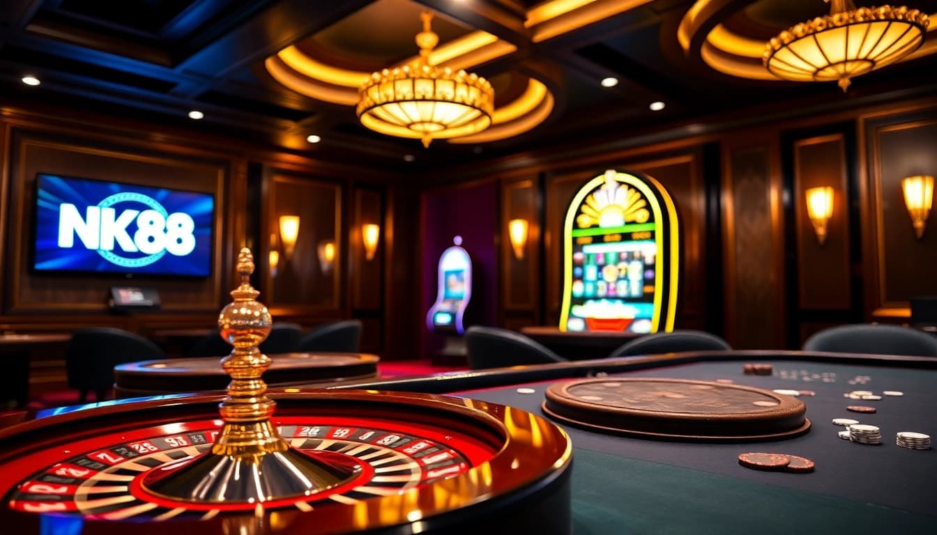 Exciting gambling scene featuring NK88 logo with poker, roulette, and slot machine elements.