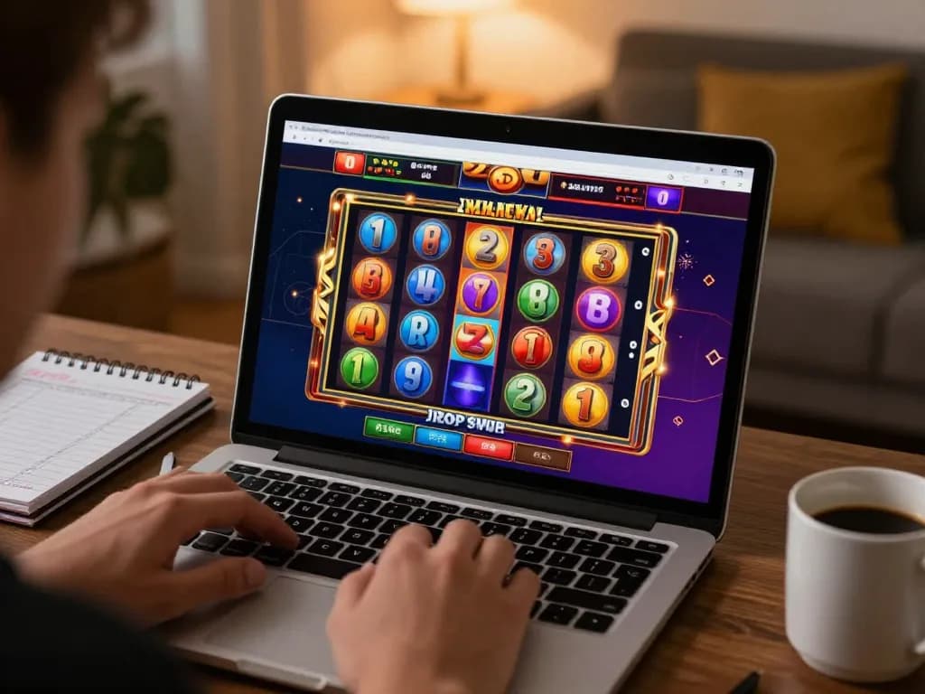 Engaging player spins slots on 98win online casino interface from a cozy home setup