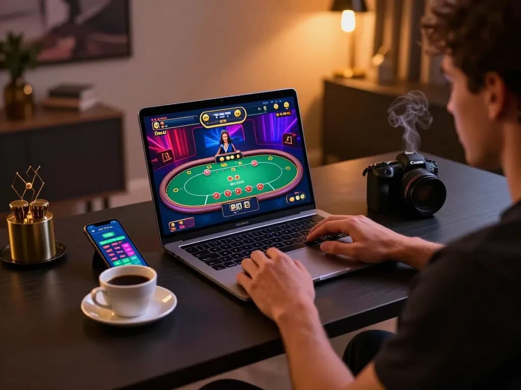 Player engaging with XX88 online casino on a modern laptop in a stylish home environment.