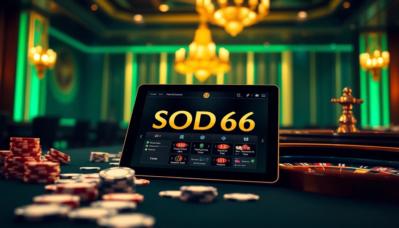 SODO66 tablet interface showcasing online gambling with casino elements like chips and cards