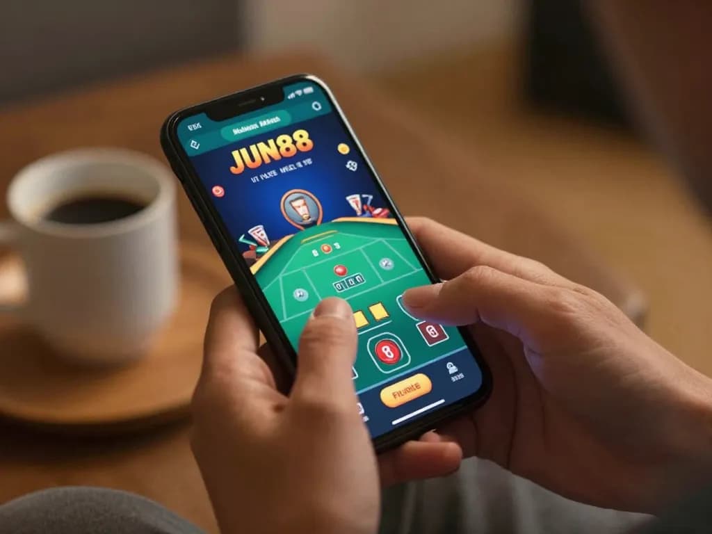Player immersed in online betting with JUN88 app in cozy home setting, showcasing a live dealer game.