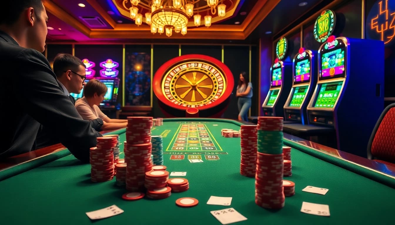 Players enjoying a thrilling poker game at hello88 casino, surrounded by vibrant slot machines and roulette wheel.