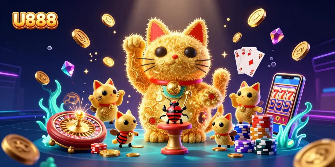 Experience thrilling U888 casino excitement with a vibrant 3D illustration of a lucky cat and golden coins.