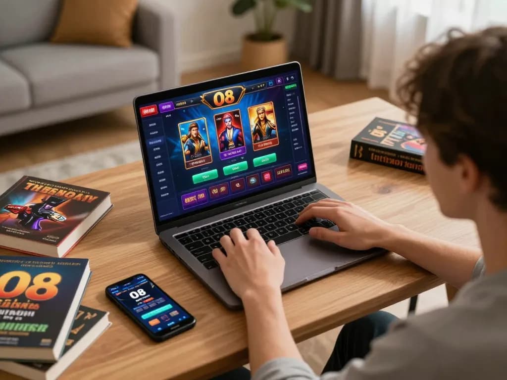 Engaging online gaming session on O8 with a player using a laptop and mobile app in a cozy setting