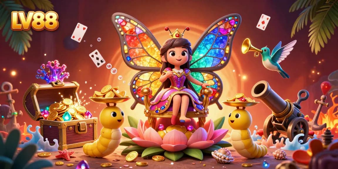 Experience exciting gameplay at LV88 with a whimsical butterfly queen, vibrant underwater treasure, and casino elements.