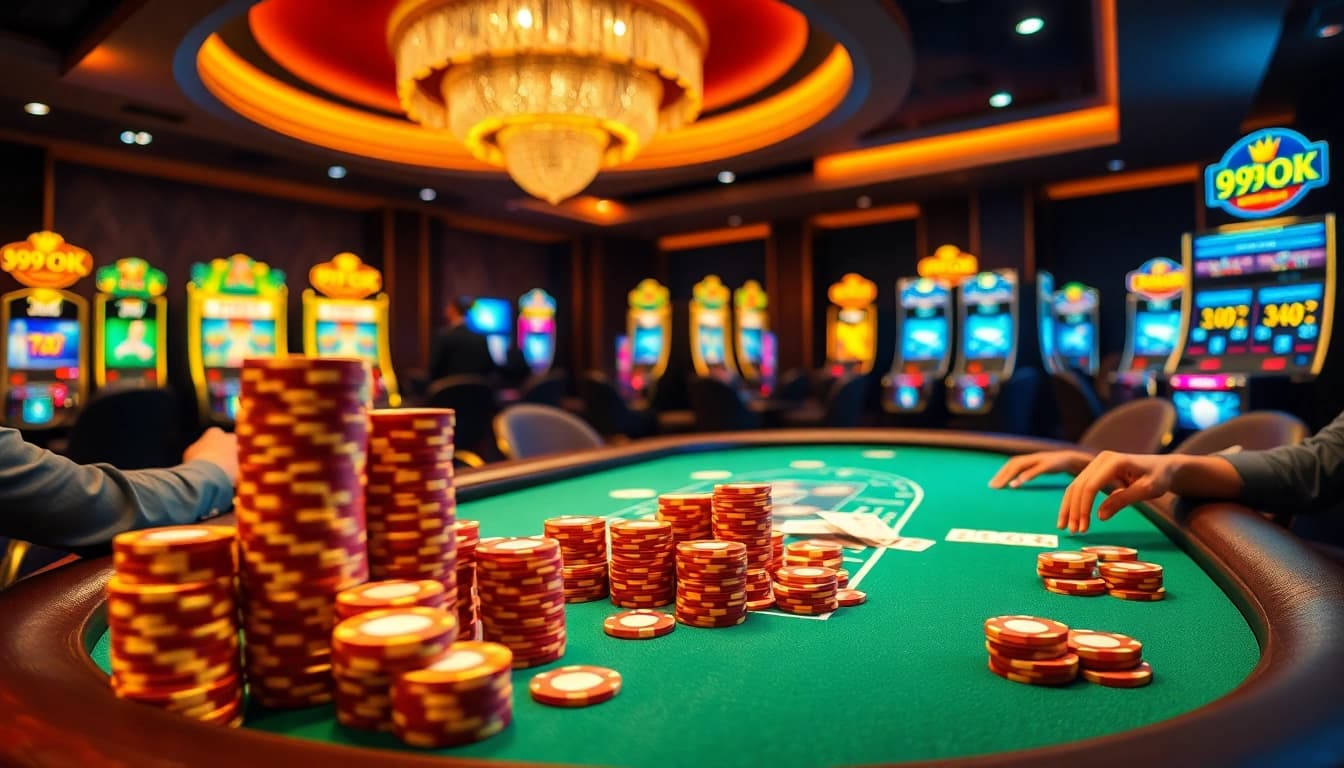 99ok players strategizing at a poker table with colorful chips and luxurious decor.
