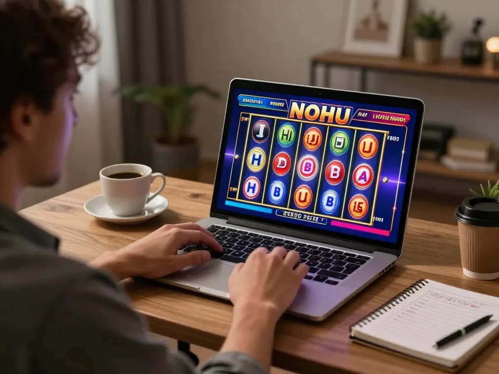 Nohu slot game player spinning reels in a cozy home office setting with gaming strategies.