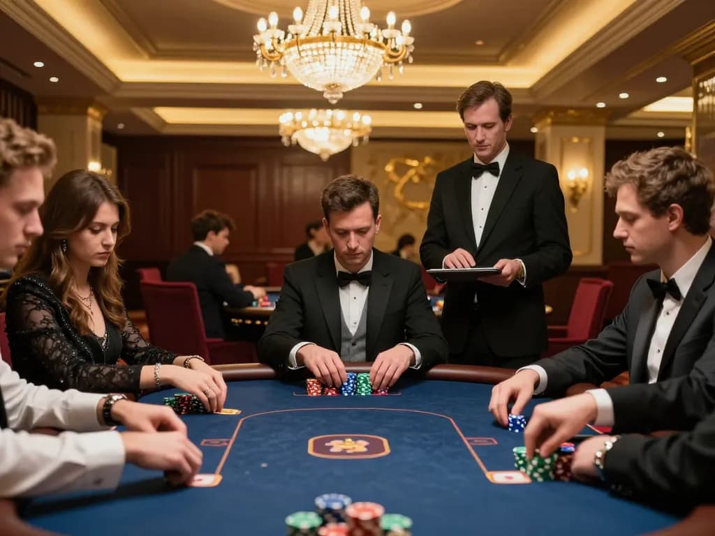 Players at a high-stakes poker table in the luxurious VIP area of BL555 casino.