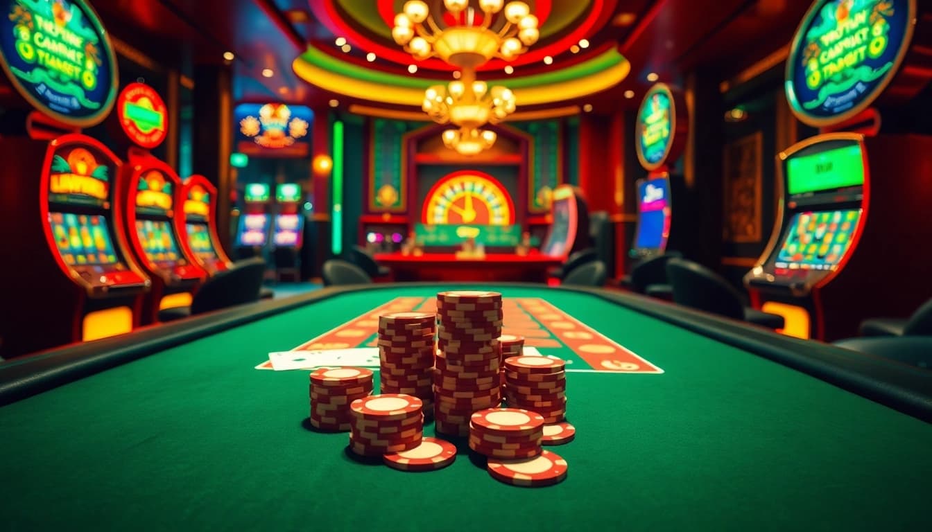 Players strategizing at a poker table in the vibrant casino atmosphere featured on https://98wincom.blog/.